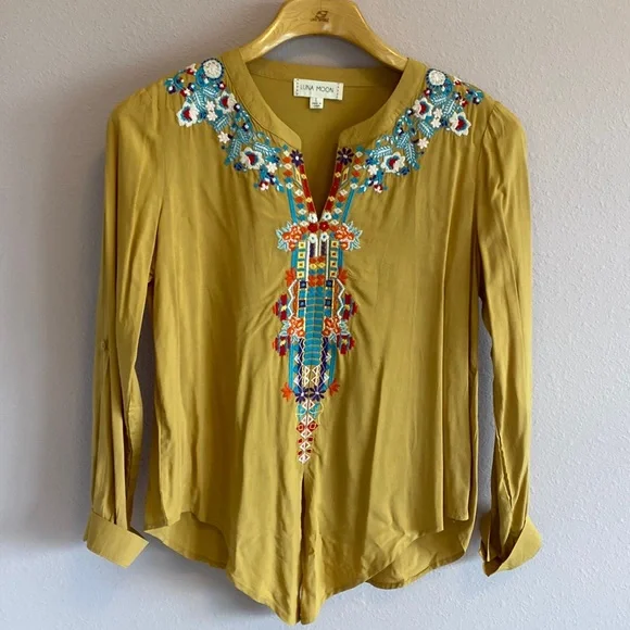 Luna Moon tunic with embroidery, size L, mustard color - Picture 1 of 8